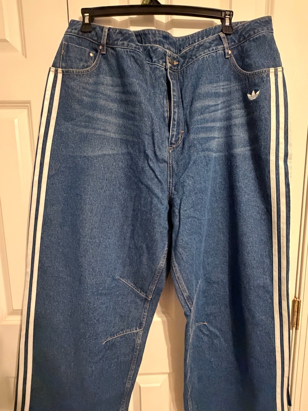 Adidas women’s blue Denim Track Jeans with White Side Stripes